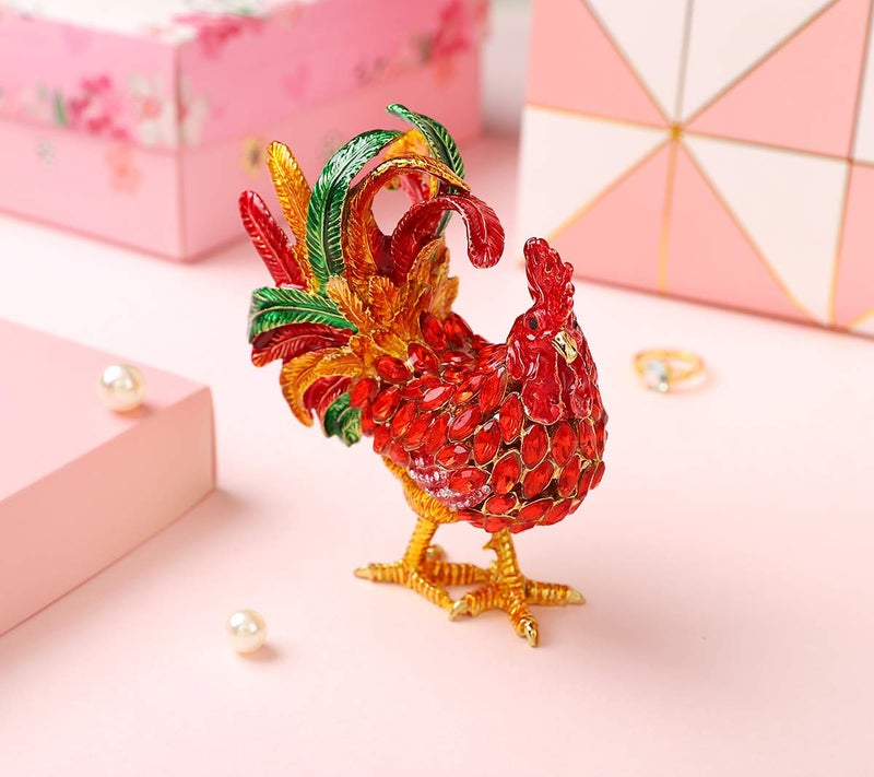 Furuida Rooster Trinket Boxes Hinged Enameled Jewelry Box Hand-Painted Animals Ornaments Craft Gift for Home Decor (Red) - Image 5